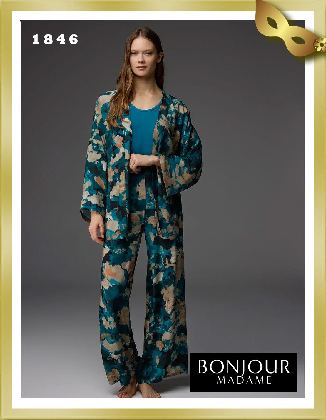 Bonjour Viscose Patterned Dressing Gown, Undershirt and Trousers 3-Piece Set 1846