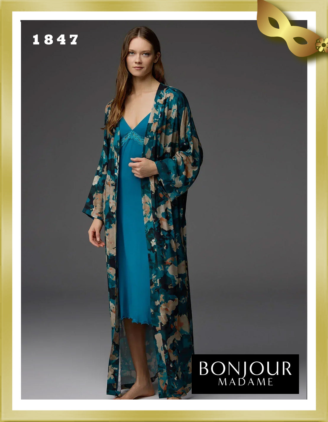 Bonjour Viscose Patterned Dressing Gown Lace Strap Nightgown Set 1847