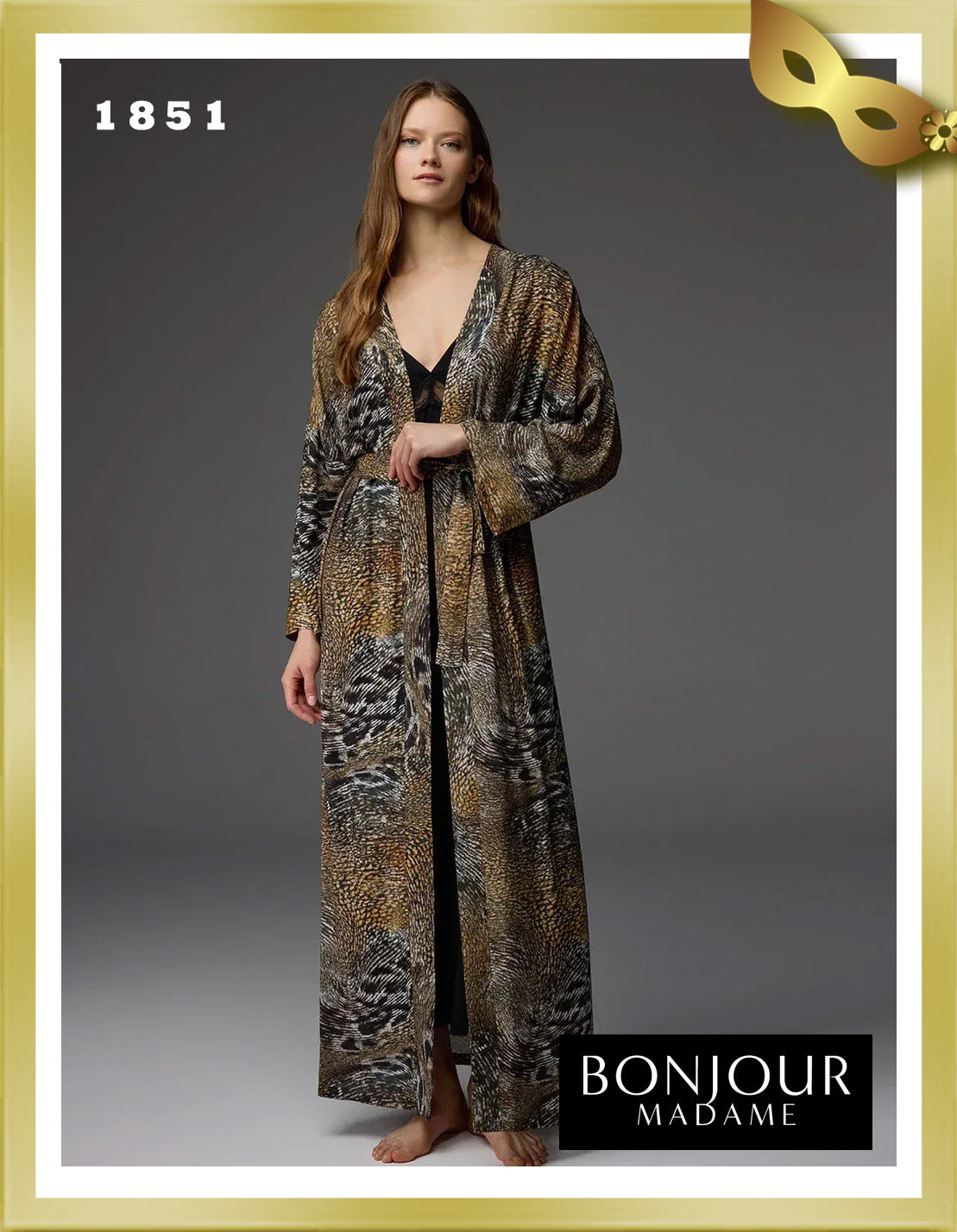 Bonjour Viscose Patterned Robe Laced Strap Nightgown Set 1851