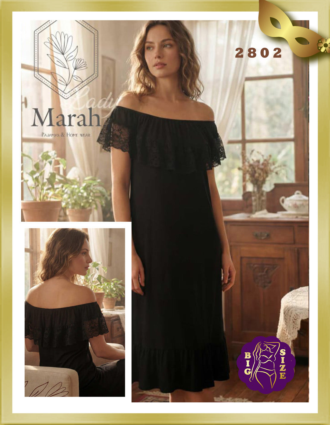 Elegant Off-Shoulder Nightgown with Lace 2802