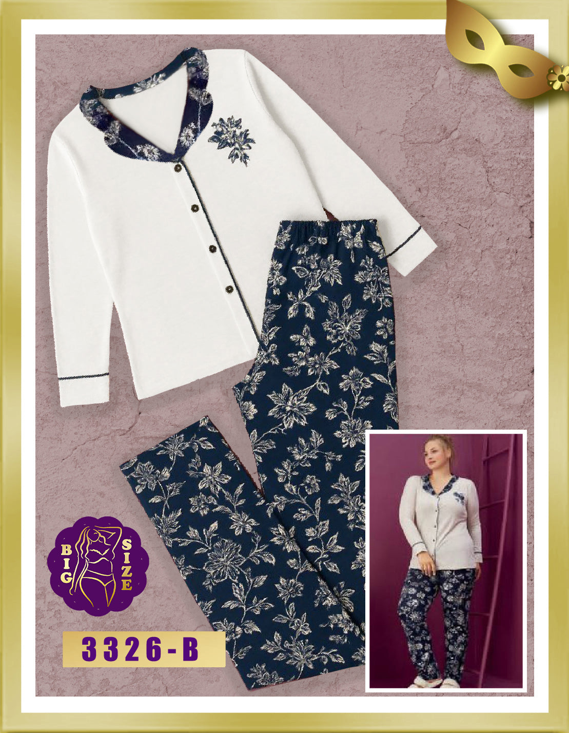 Elitol Special Size Long Cotton Pajamas with Buttons 3326-B 4XL