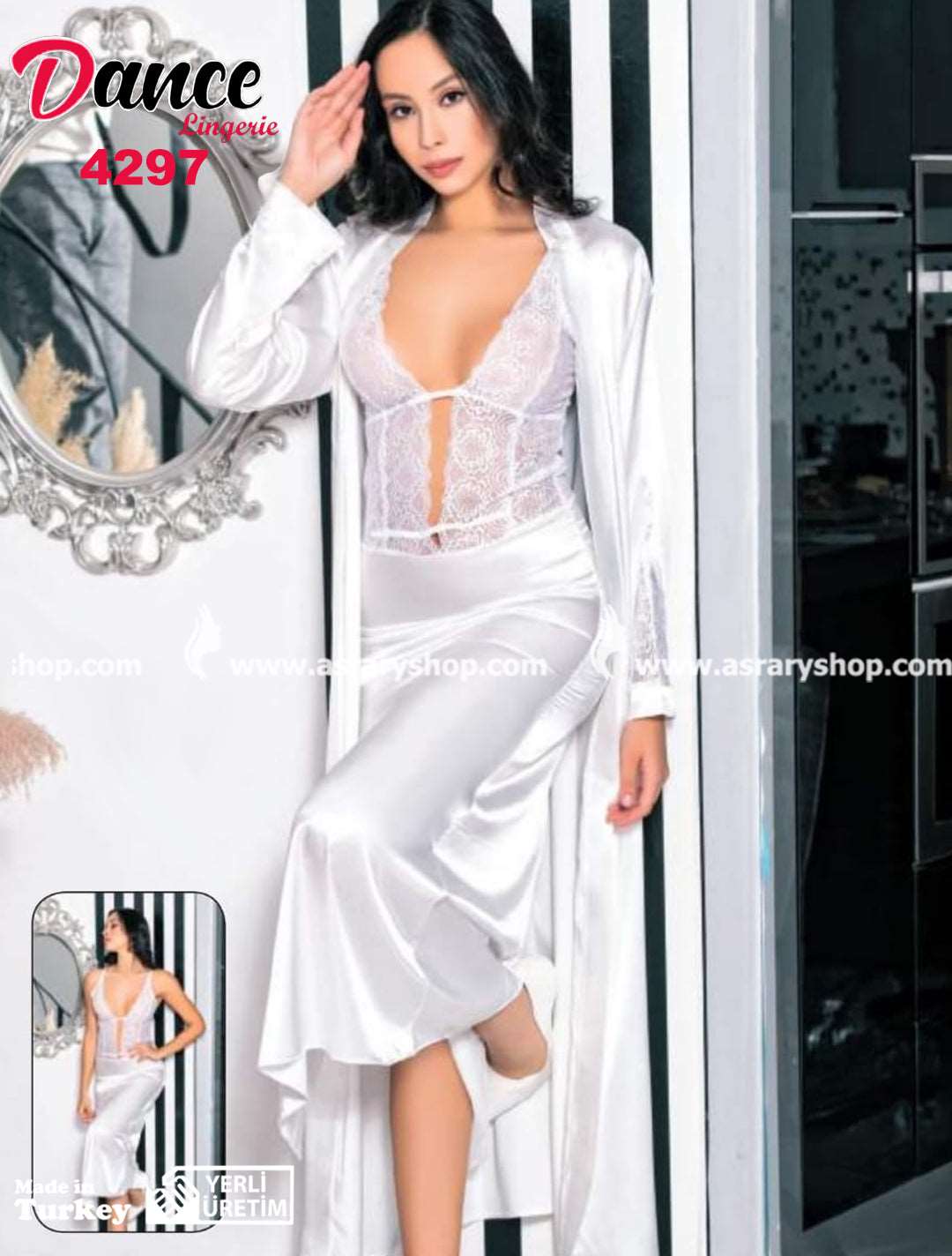 Dance Long Satin with Lace Lingerie Nightgown & Robe Set 4297
