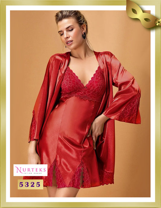 Nurteks Lingerie Satin with Lace Lingerie Nightgown with Robe Set 5325 Fire Engine Red