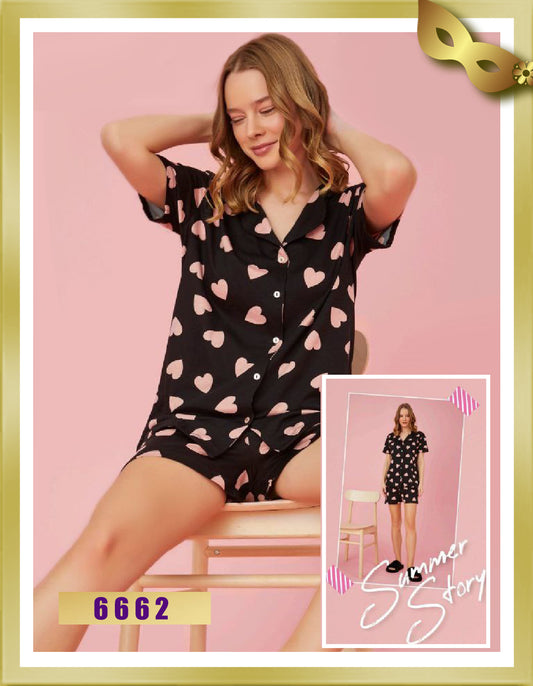 Short Heart Printed Pajamas with Buttons 6662-S