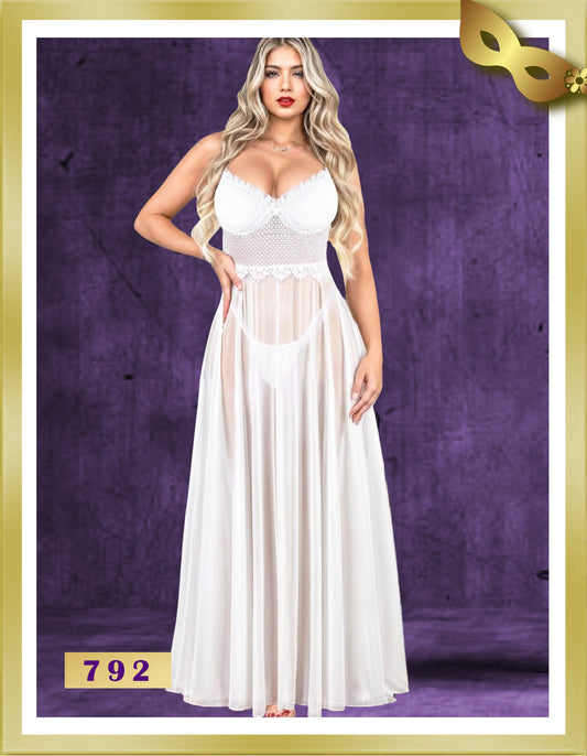 Dots Special Size Long Tulle Lingerie Nightgown 792 White Free size