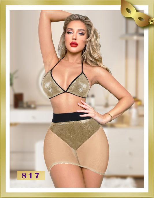 Dots Shiny Leather and Mesh Lingerie Set 817 Free size Gold