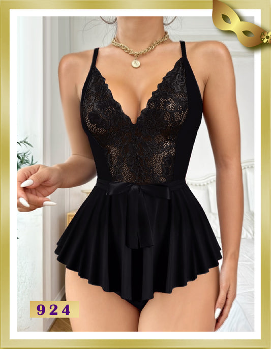 Dots Viscose Babydoll with Lace 924 Free Size Black