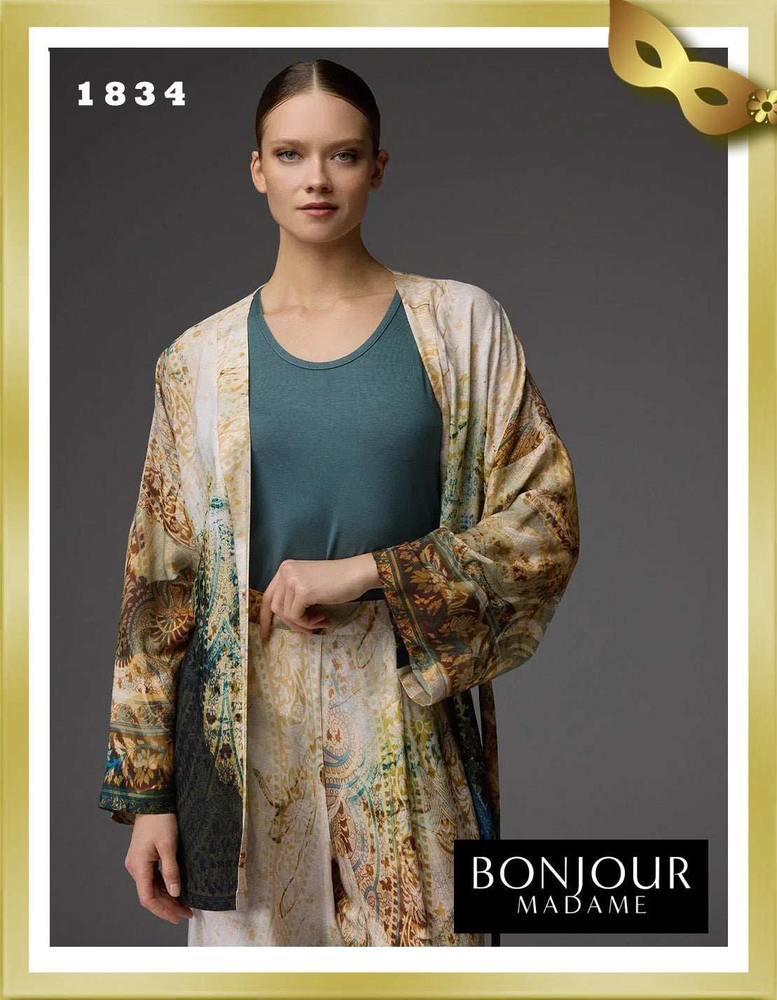 Bonjour Viscose Patterned Dressing Gown, Undershirt and Trousers 3-Piece Set 1834