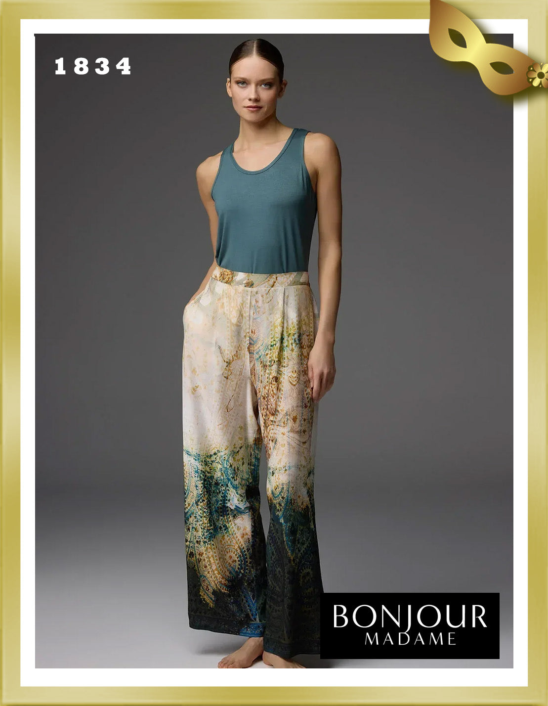 Bonjour Viscose Patterned Dressing Gown, Undershirt and Trousers 3-Piece Set 1834