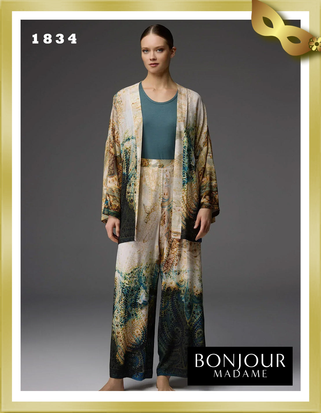 Bonjour Viscose Patterned Dressing Gown, Undershirt and Trousers 3-Piece Set 1834