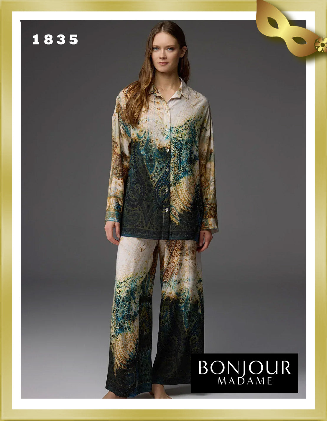 Bonjour Viscose Patterned Shirt Collar Pajama Set 1835
