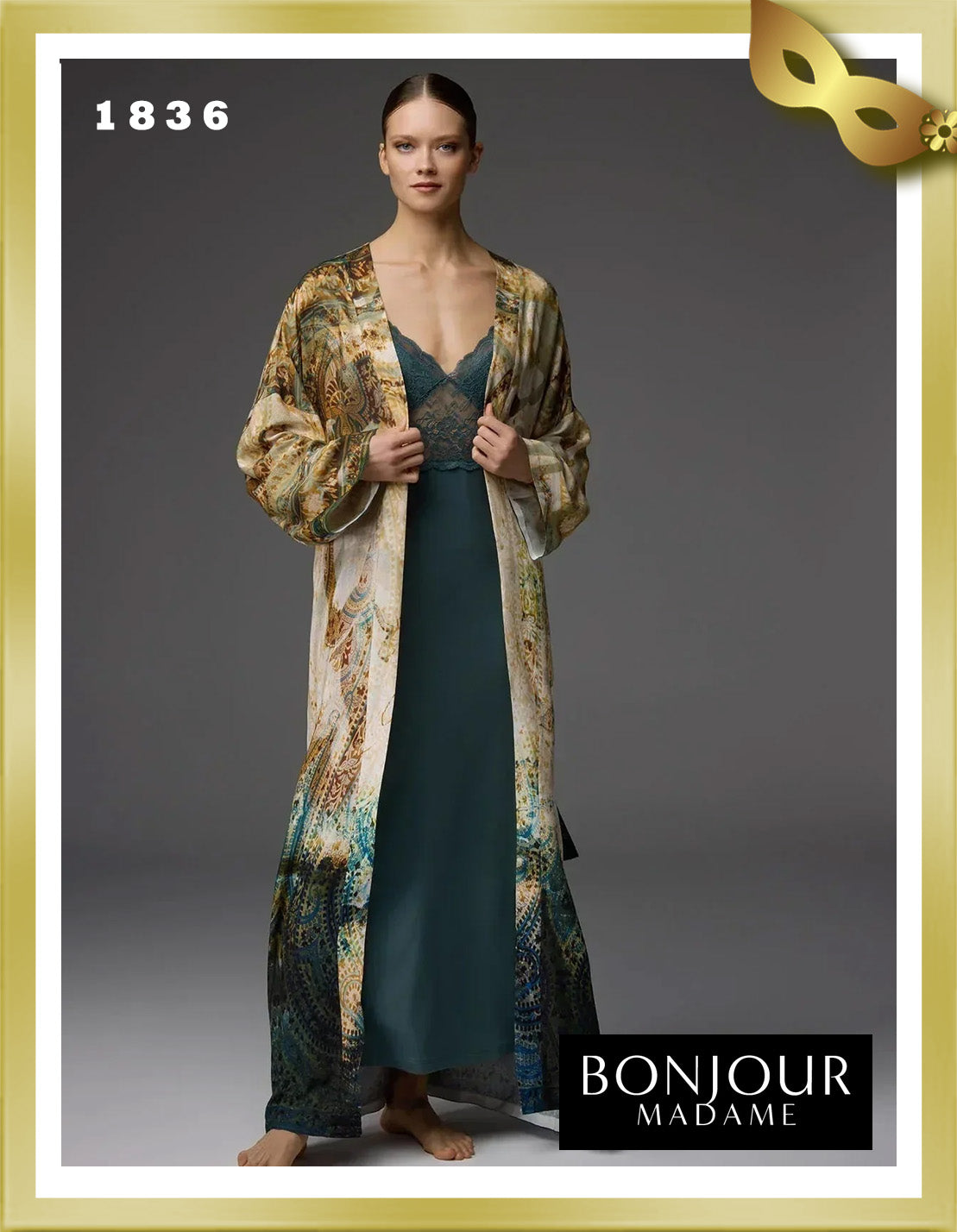 Bonjour Viscose Patterned Robe and Lace-Trimmed Strappy Nightgown Set 1836