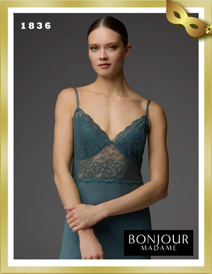 Bonjour Viscose Patterned Robe and Lace-Trimmed Strappy Nightgown Set 1836