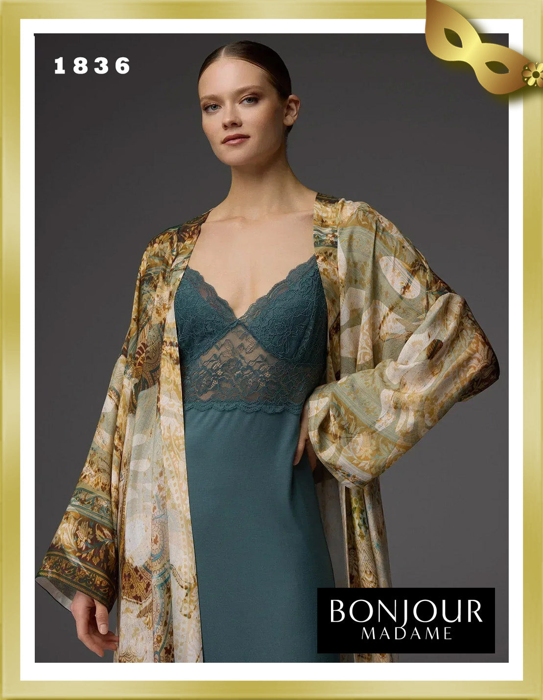 Bonjour Viscose Patterned Robe and Lace-Trimmed Strappy Nightgown Set 1836