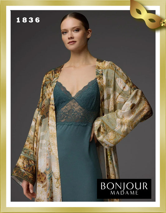 Bonjour Viscose Patterned Robe and Lace-Trimmed Strappy Nightgown Set 1836