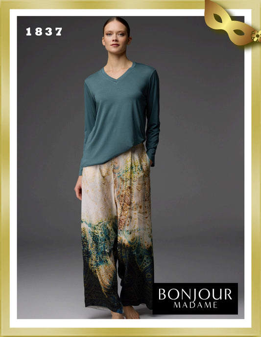 Bonjour Viscose Patterned Trousers Crew Neck Blouse 1837