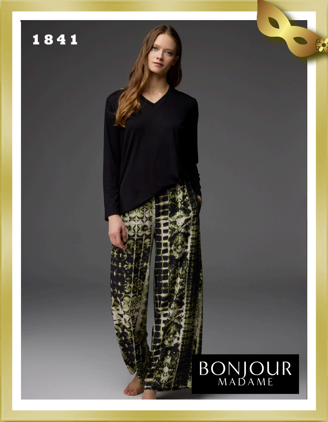Bonjour Viscose Patterned Trousers V-Neck Blouse 1841