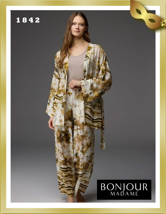 Bonjour Viscose Patterned Dressing Gown, Undershirt and Trousers 3-Piece Set 1842