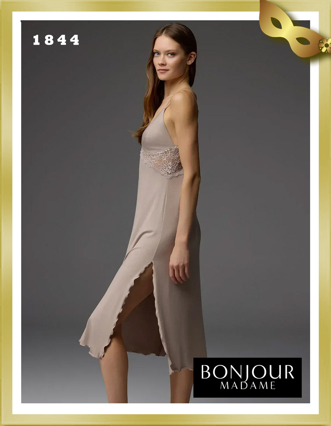 Bonjour Viscose Patterned Robe Lace Strap Nightgown Set 1844