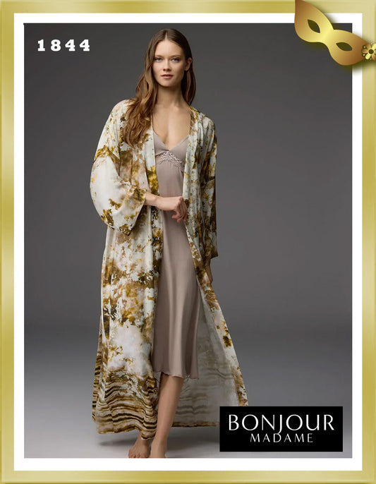 Bonjour Viscose Patterned Robe Lace Strap Nightgown Set 1844