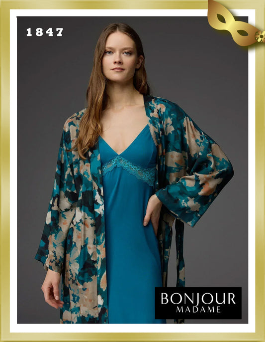 Bonjour Viscose Patterned Dressing Gown Lace Strap Nightgown Set 1847