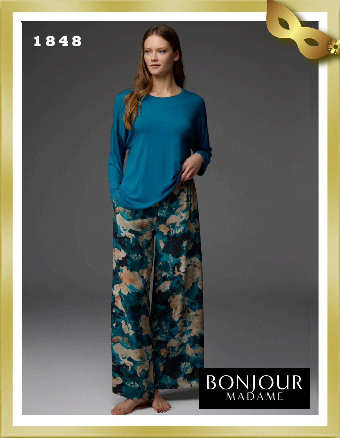 Bonjour Viscose Patterned Trousers Crew Neck Blouse 1848