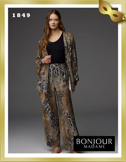Bonjour Viscose Patterned Dressing Gown, Undershirt and Trousers 3-Piece Set 1849