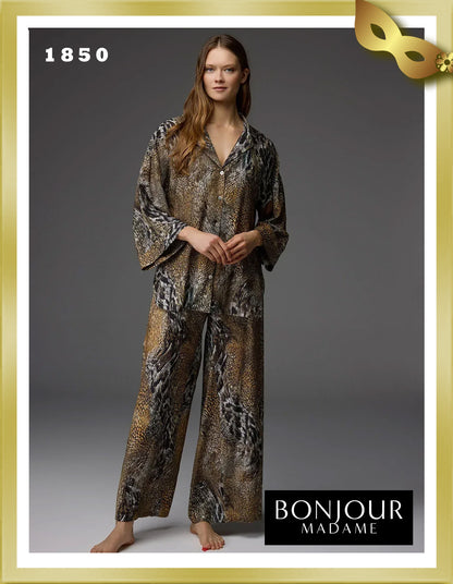 Bonjour Viscose Patterned Shirt Collar Pajama Set 1850