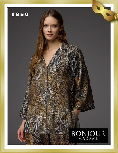 Bonjour Viscose Patterned Shirt Collar Pajama Set 1850