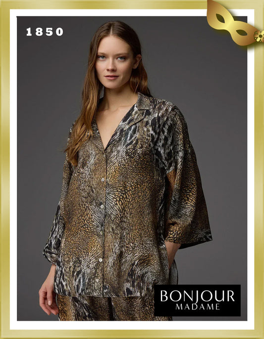 Bonjour Viscose Patterned Shirt Collar Pajama Set 1850