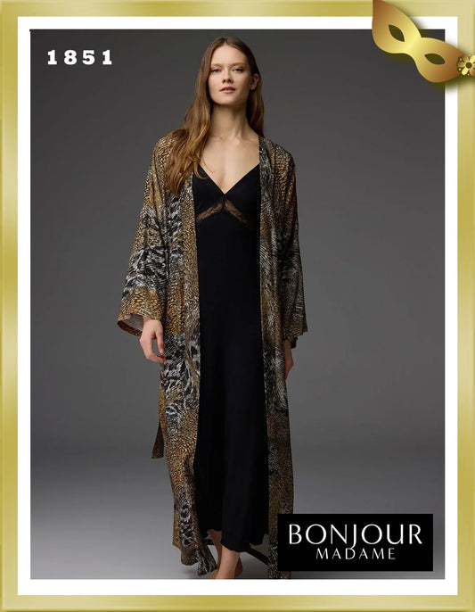 Bonjour Viscose Patterned Robe Laced Strap Nightgown Set 1851