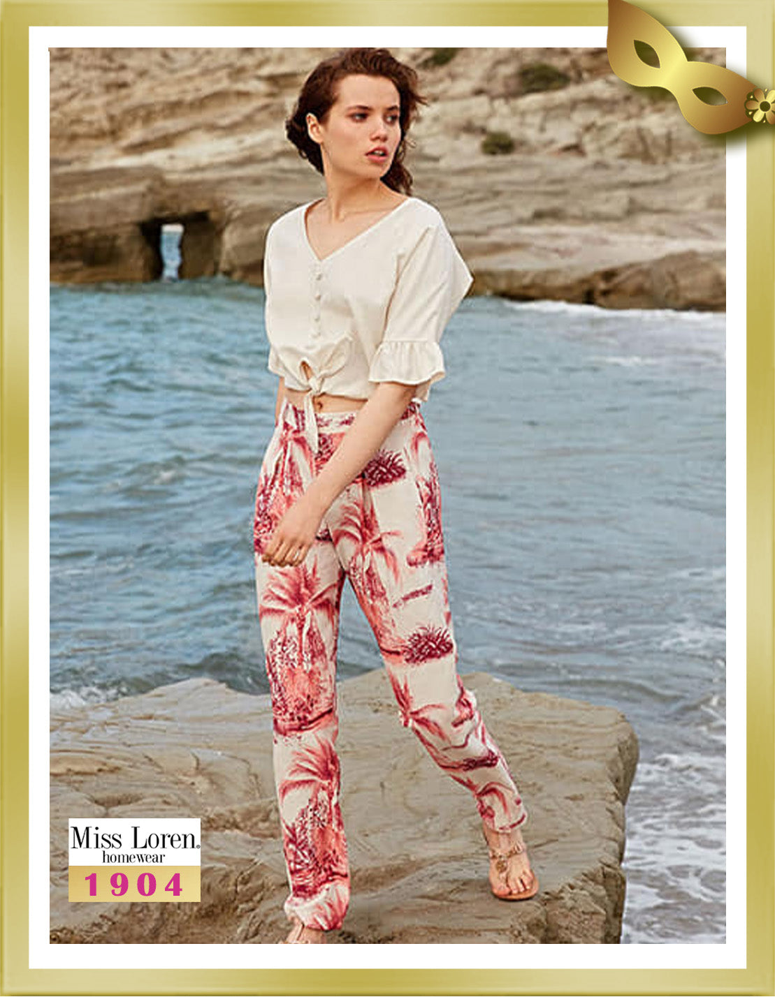 Miss Loren Half Sleeve Top and Printed Long Pants Set 1904