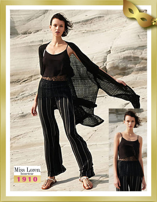 Miss Loren Sleeveless Top with Lace and Striped Long Pants with Robe Set (3 Pcs) 1910