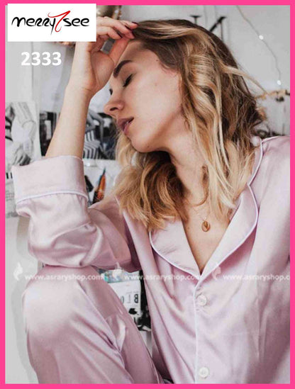 Merry-See Buttoned Shirt Collar Long Satin Pajamas Set 2333