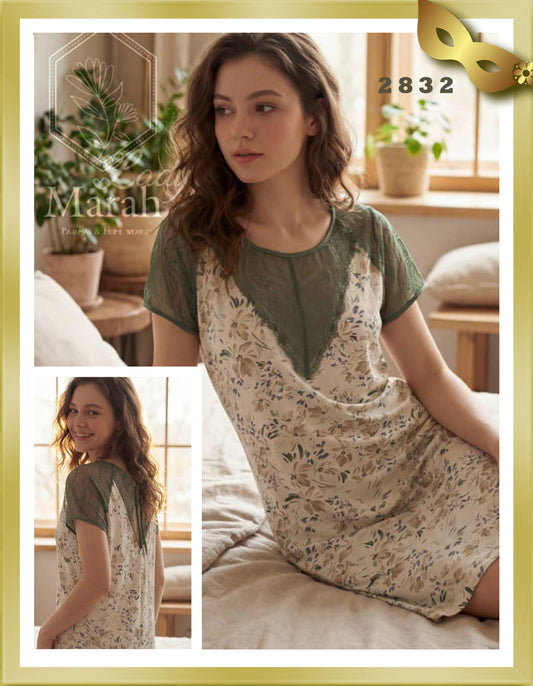 Marah Lady Short Sleeves Nightgown with Lace 2832