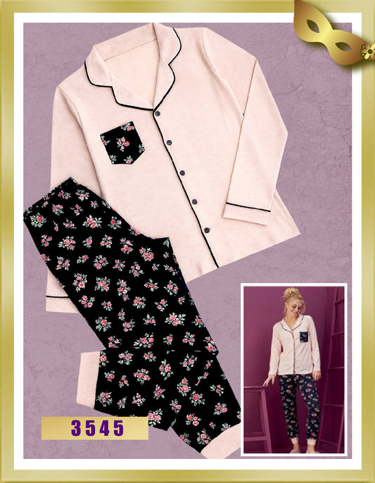 Elitol Buttoned Printed Long Cotton Pajamas 3545