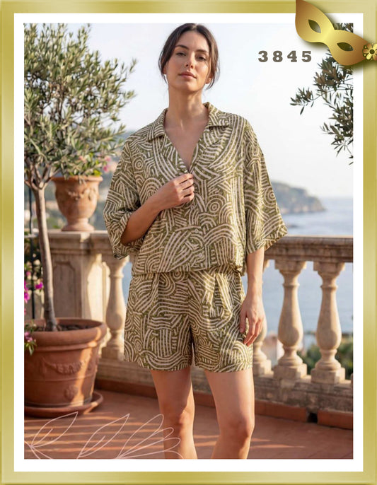Marah Lounge Geometric Print Satin Short Pajama 3845