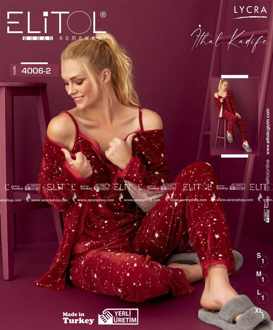 Elitol Velvet Long Pajamas Set with Robe 4006-2 S