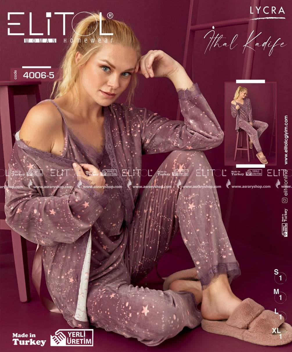 Elitol Velvet Long Pajamas Set with Robe 4006-5 L