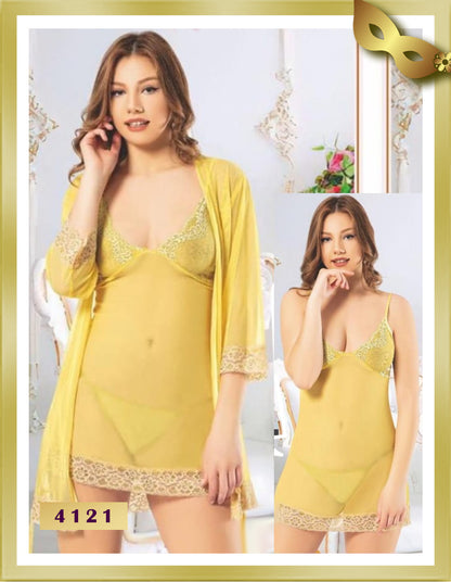 Dance Mesh and Lace Nightgown and Robe Set 4121 Yellow