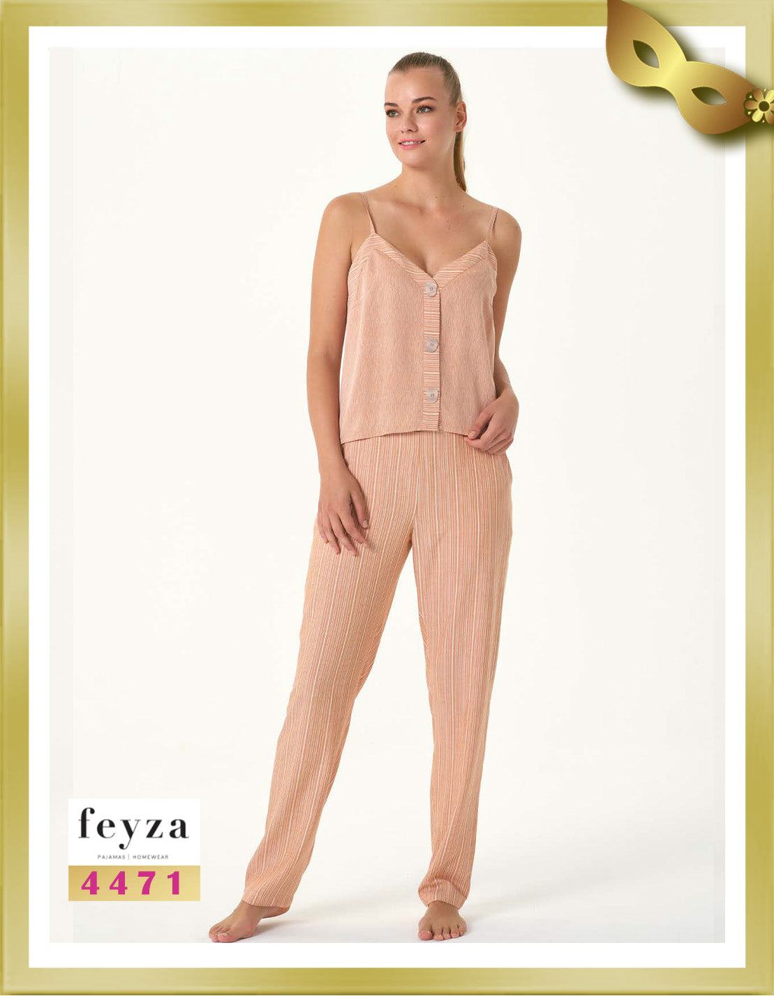 Feyza Strappy Buttoned Long Pajamas 4471 Mandys Pink