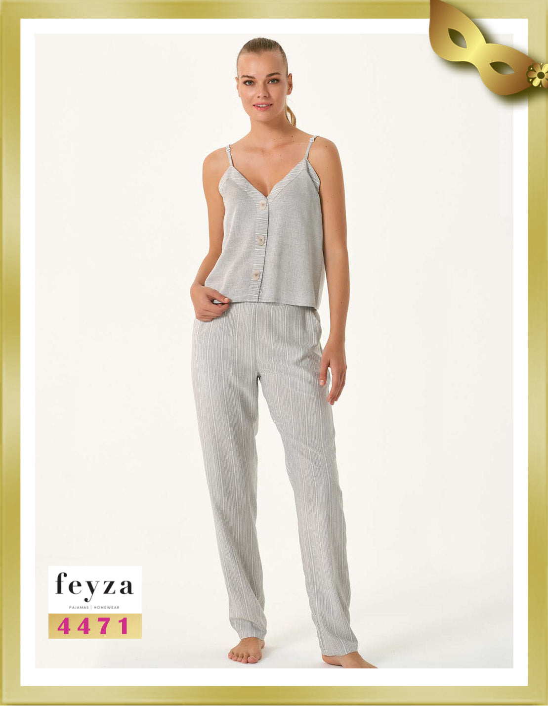 Feyza Strappy Buttoned Long Pajamas 4471 Swirl