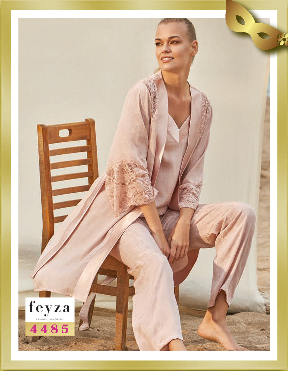 Feyza Lace Detailed Long Pajamas with Robe Set (3 Pcs) 4485 Alto