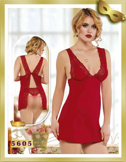 Vienna Lace Detailed Open Back Babydoll 5605 Burgundy