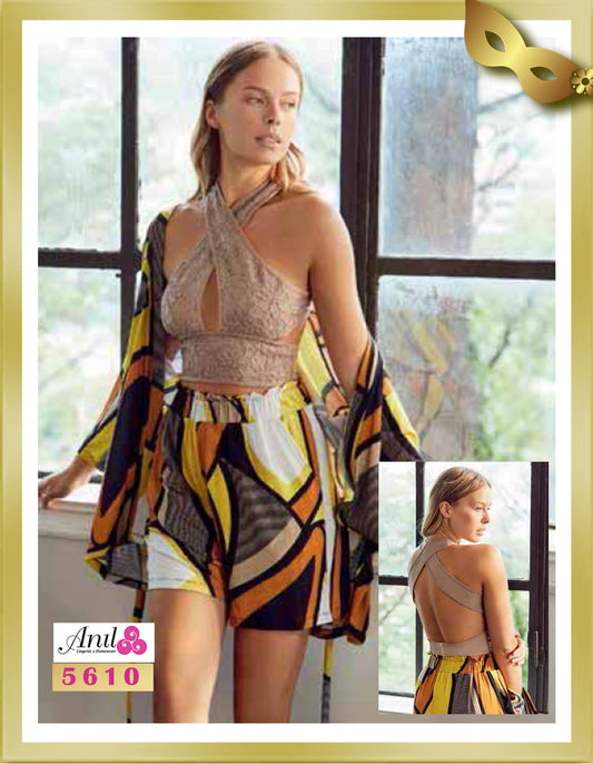 Anil Printed Robe & Crop Top and Shorts (3pcs) 5610 XL