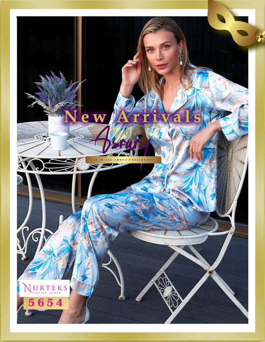 Nurteks Lingerie Floral Long Satin Pajamas 5654 Pale Cornflower Blue