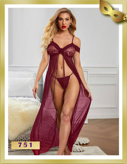 Dots Long Open Lingerie Nightgown 751 Free Size Burgundy