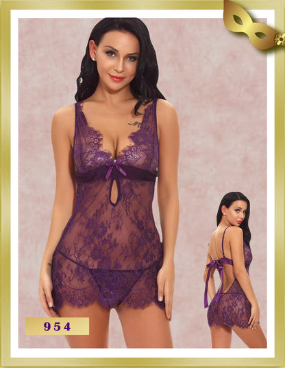 HN Transparent Lace Lingerie Nightgown 954 Wine Free Size