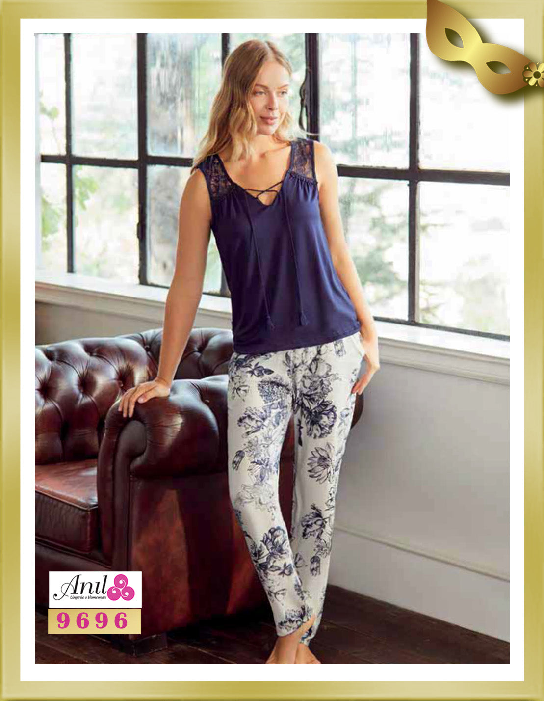 Anil Sleeveless Top with Lace and Floral Pant Pajamas 9696 XL