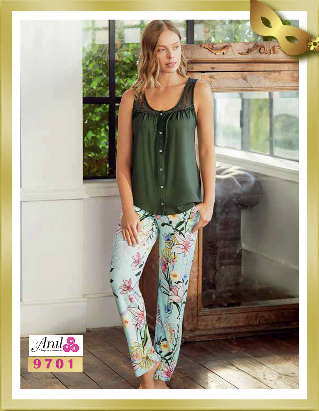 Anil Buttoned Top and Floral Patterned Pants Pajamas 9701 XL